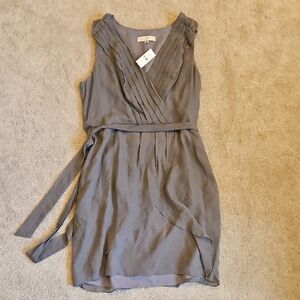 LOFT Silk Asymmetrical Gray Faux Wrap Dress with Belt